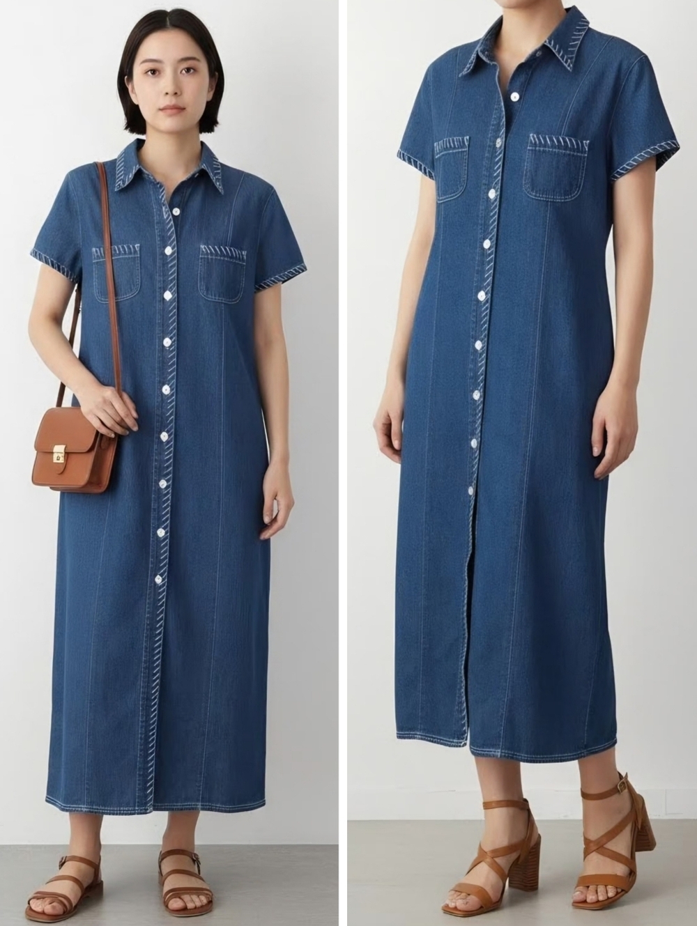 Vintage 90s Ami Stitched Trim Button Down Short Sleeve Denim Maxi Dress